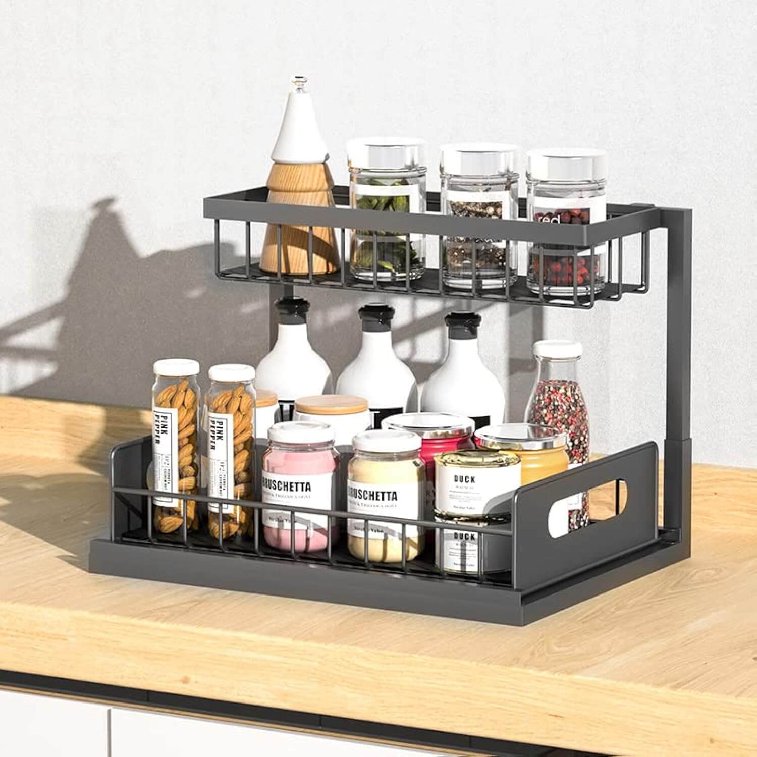 2-pack 2-tier sliding under sink organizers with hooks for bathroom and kitchen storage