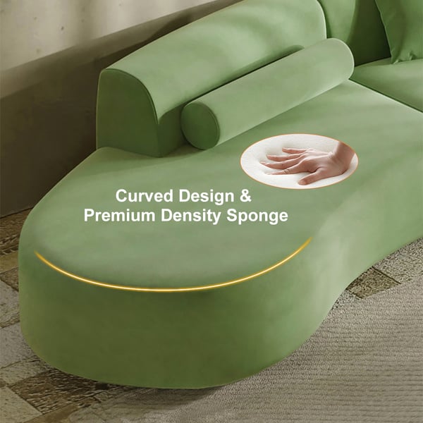 Modern green curved velvet sectional sofa with pillows, 4-seater upholstered couch, 109 inches long