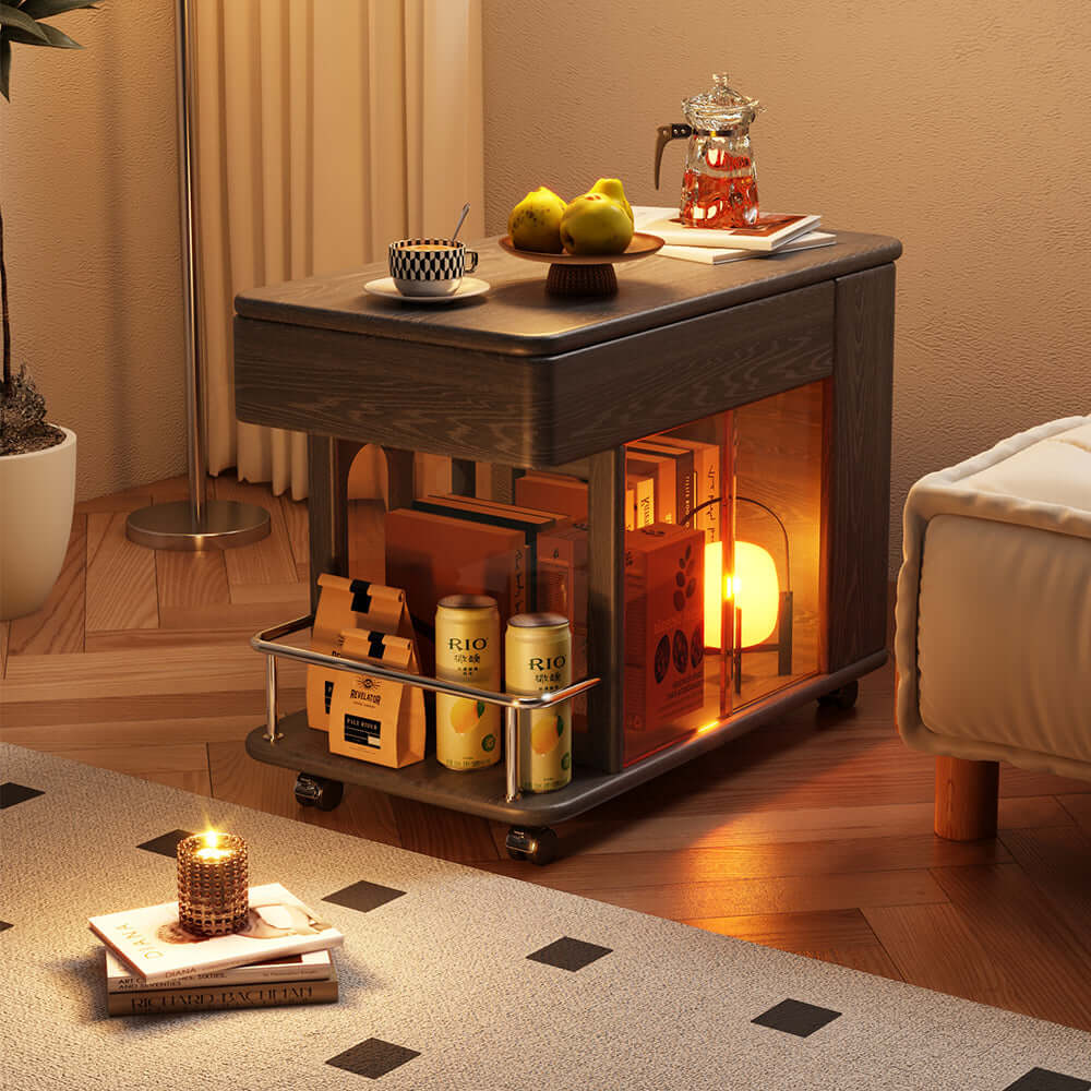 Adjustable solid wood mobile side cabinet with lift-up table top for versatile storage