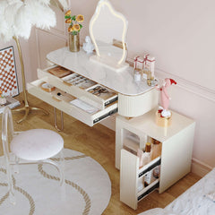 Modern White Makeup Vanity Table with LED Lighted Mirror & Cabinet
