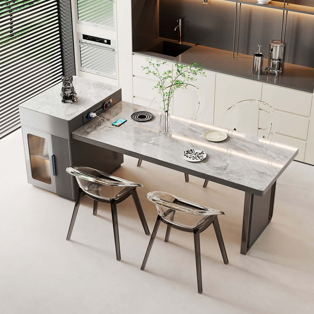 Extendable Slate Island dining table with integrated storage cabinet for versatile space-saving