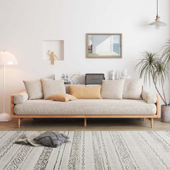Canapé moderne beige 3 places en tissu de lin rembourré avec cadre en bois massif pour le salon