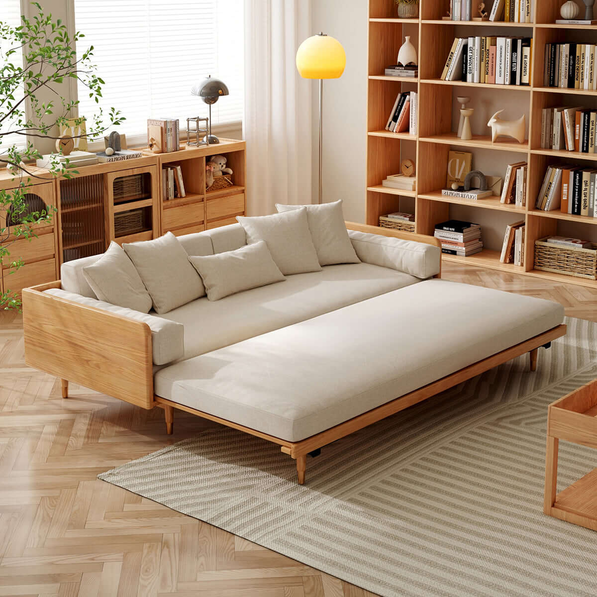 Modern 3 seater sofa bed with wooden frame and pull-out convertible design