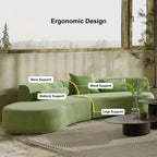 Modern green curved velvet sectional sofa with pillows, 4-seater upholstered couch, 109 inches long