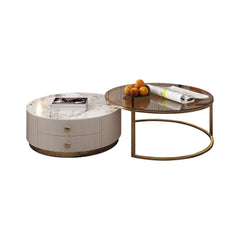 Modern Round Coffee Table Set Sintered Stone with 2 Drawers & Metal Legs