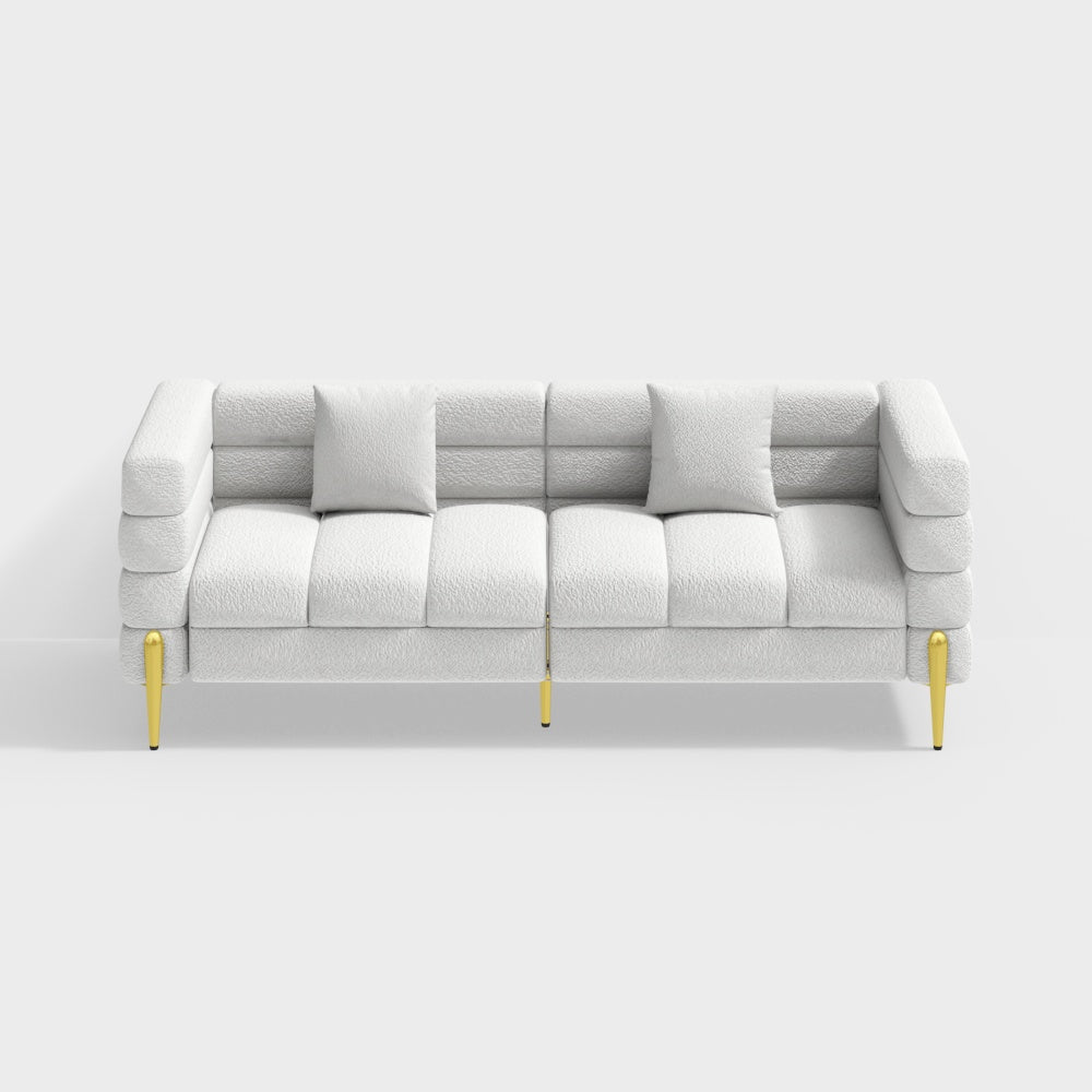 Modern white boucle upholstered fluted 3-seater sofa with pillow for living room seating