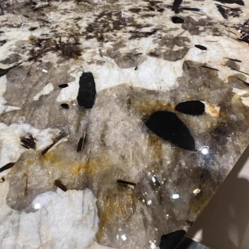 Oval marble top dining table seating 6-8 with multicolor finish