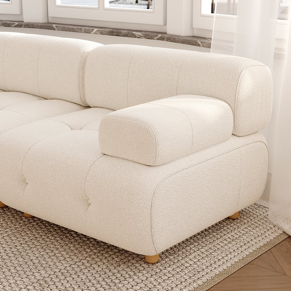 White modern L-shaped modular boucle sectional sofa loveseat with wood legs
