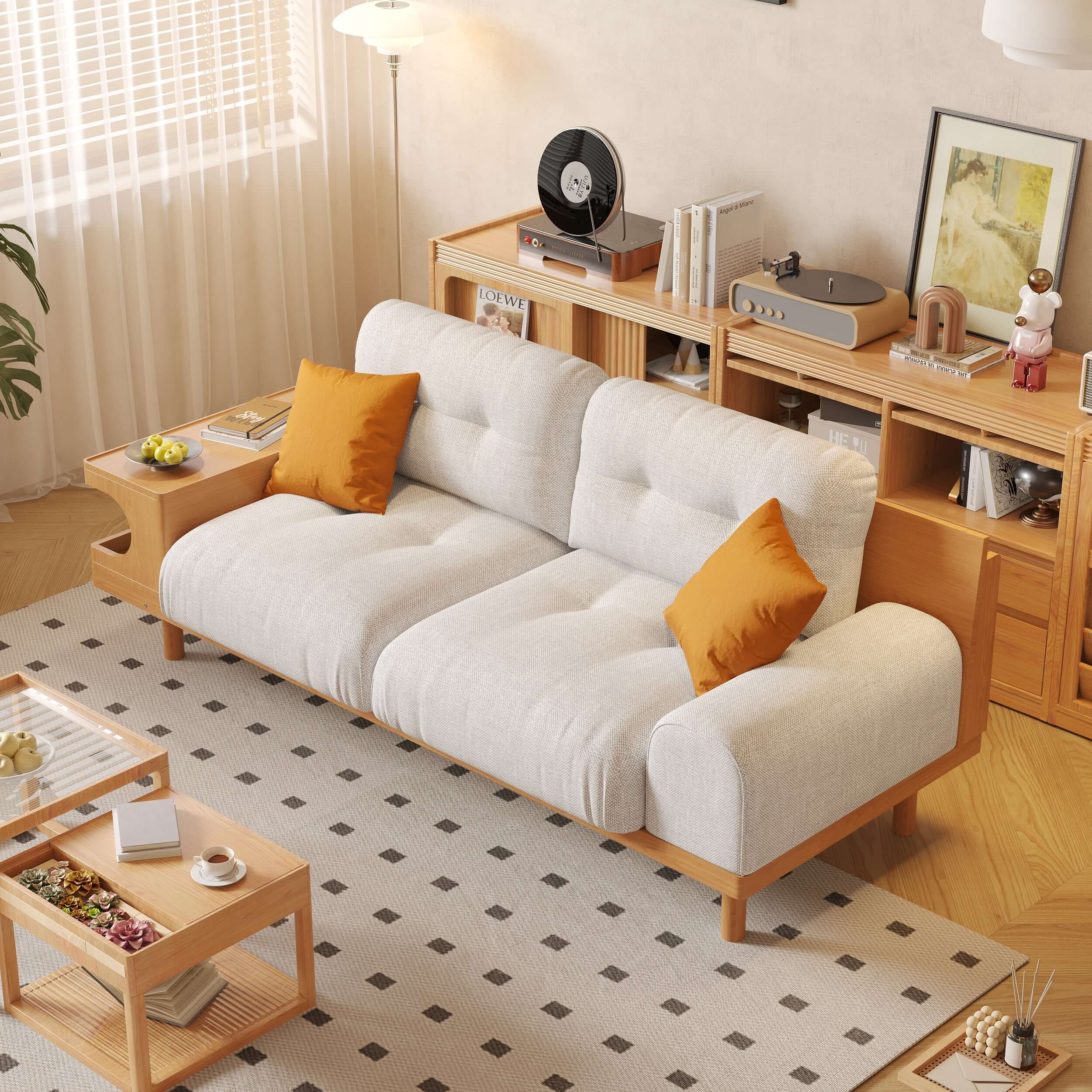 Japandi style wooden base sofa featuring an integrated cat den for pet-friendly living