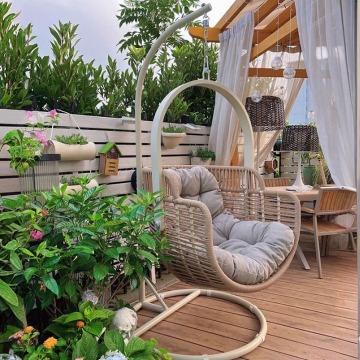 Tropical cocoa and cream upholstered porch swing with alloy frame, stand, and chain included main product image