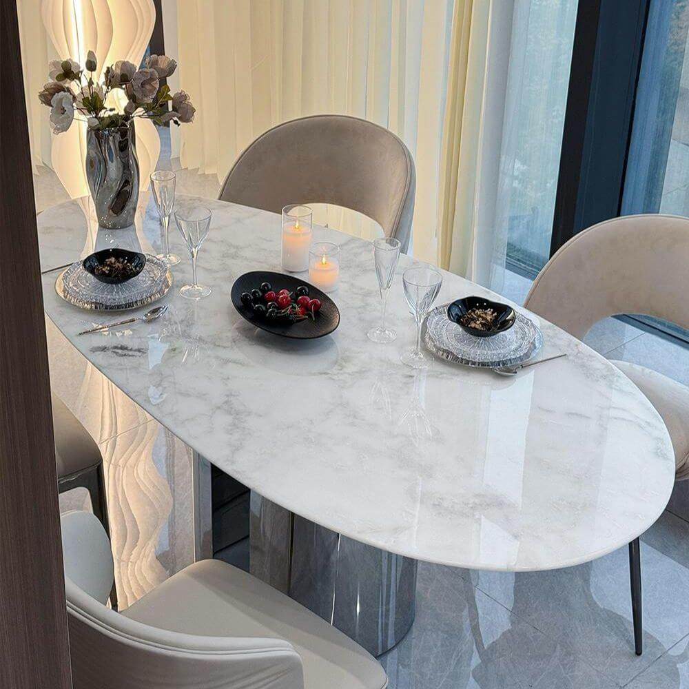 Oblong marble dining table with white Art Deco style and fixed legs