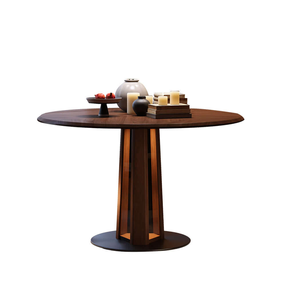 Extendable Nordic style solid wood dining table with foldable square and round design, featuring LED light