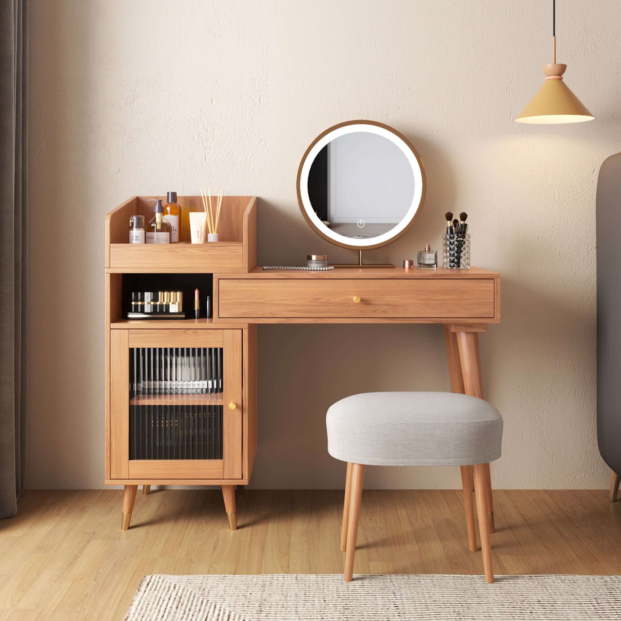 Coffee brown wooden vanity table with side cabinets, open storage, and drawers for bedroom organization
