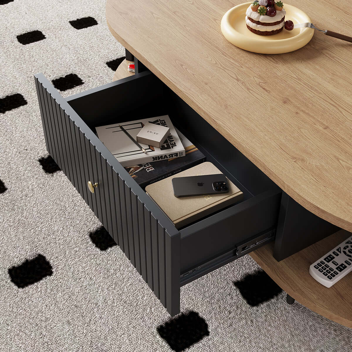 Oval mid-century modern coffee table with a spacious drawer for storage