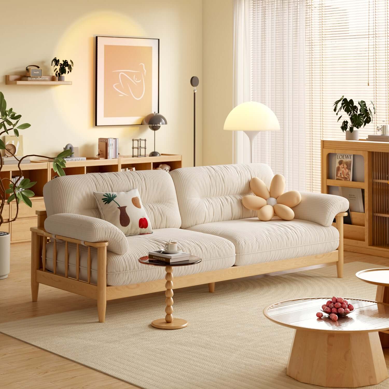 Japandi style solid ash wood sofa upholstered in cotton linen, corduroy, and cat-scratch fabric