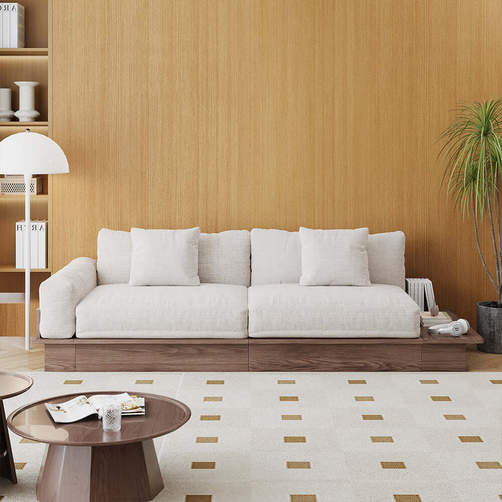 Cocochairs Floor Platform Wood Frame Sofa Bed – Reversible Armrests, Corduroy or Linen-Blend Upholstery