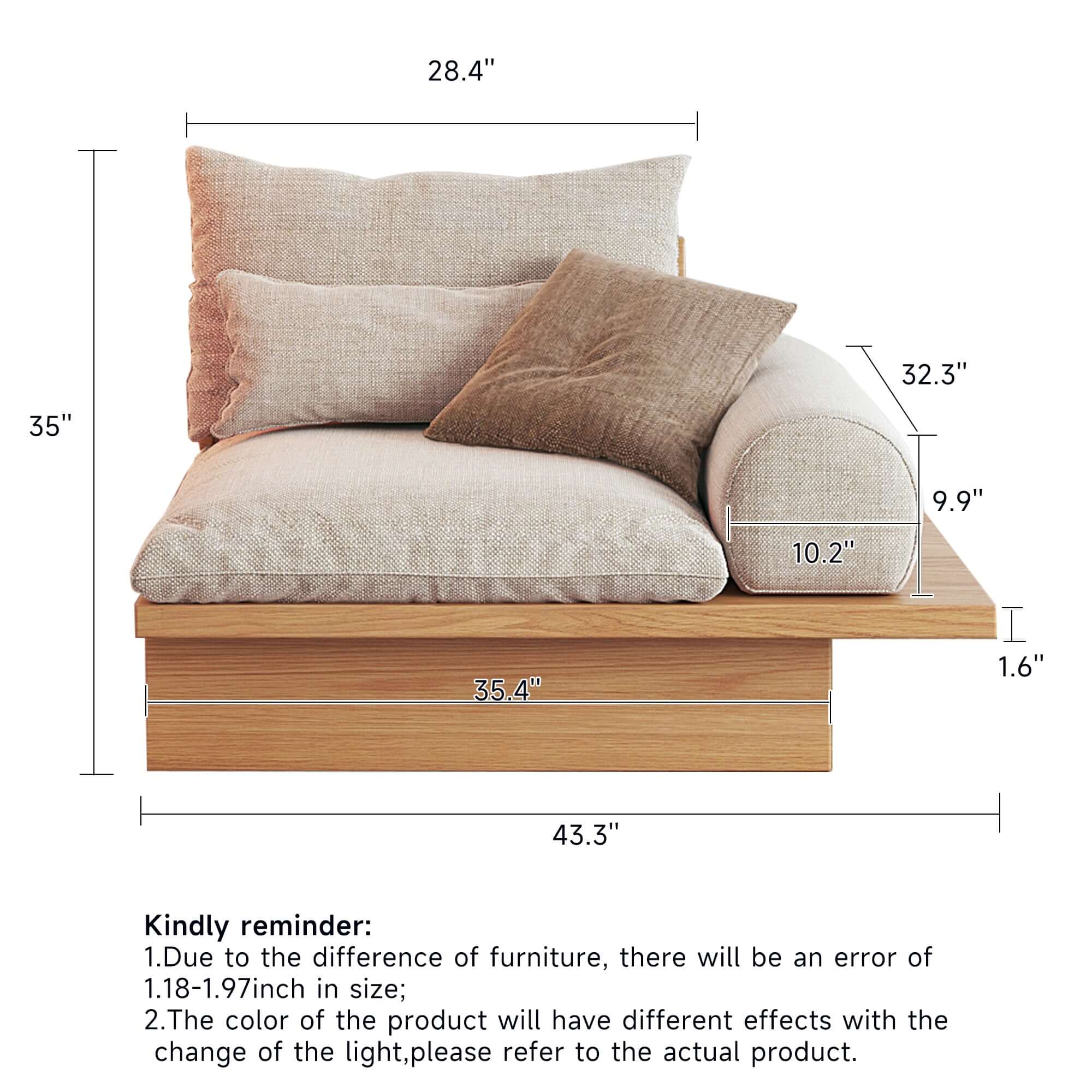 Beige cotton linen sofa with wooden frame and storage space underneath