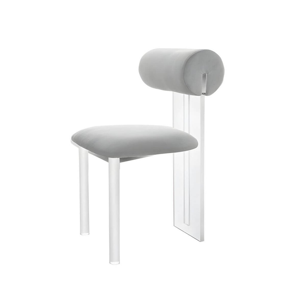 Contemporary upholstered dining chair with clear acrylic frame for kitchen seating