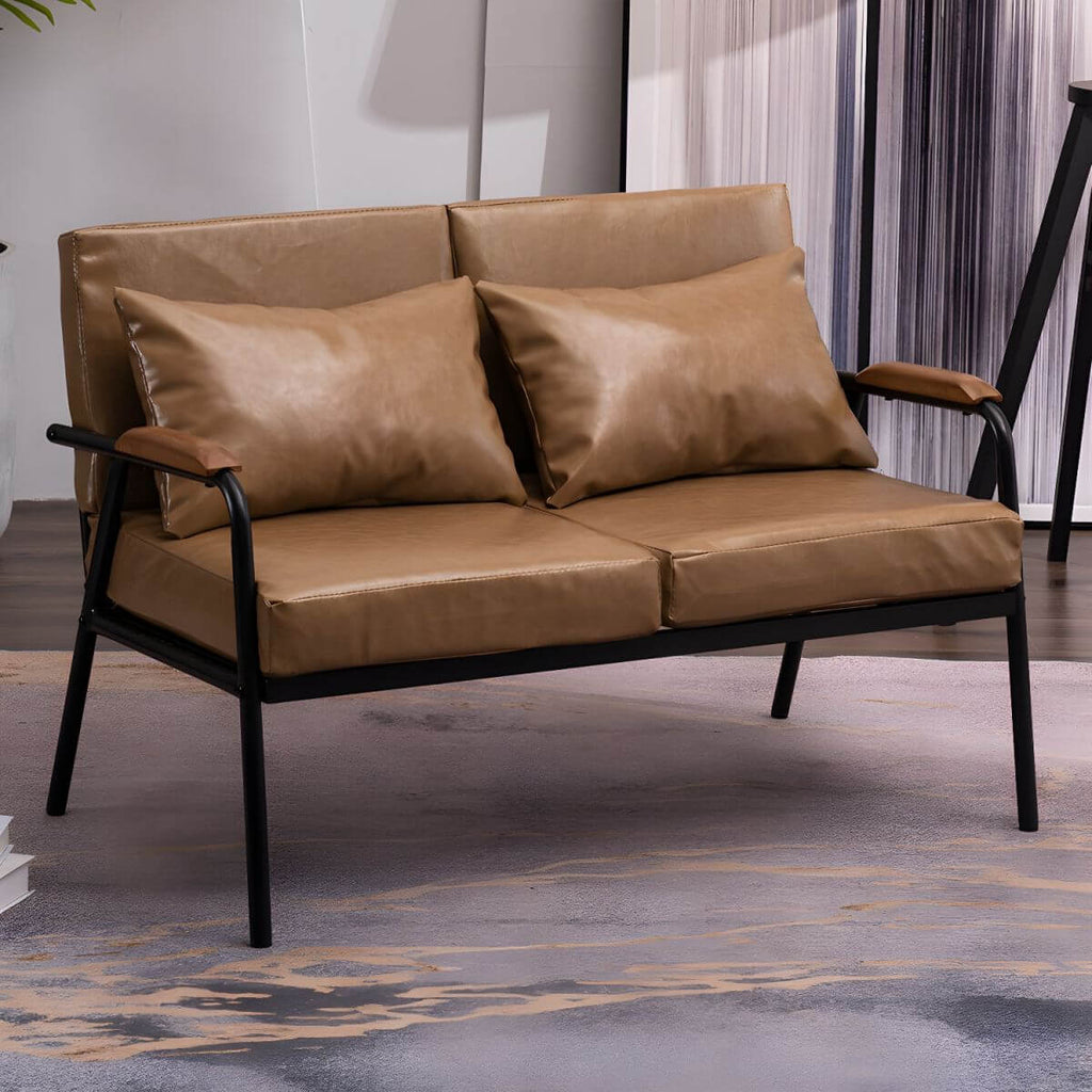 Mid century modern 2-seater sofa with black metal frame and solid wood arms