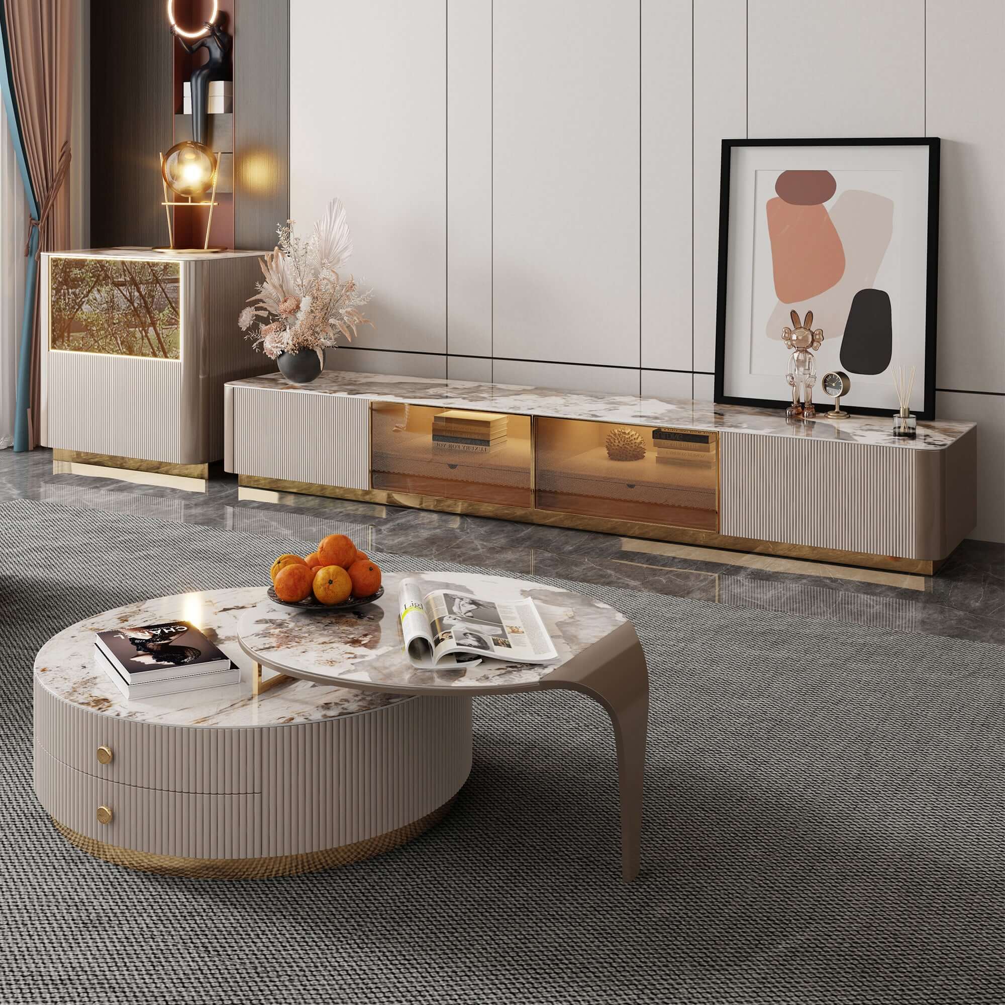 Modern round coffee table set with two drawers and metal legs for stylish living room storage