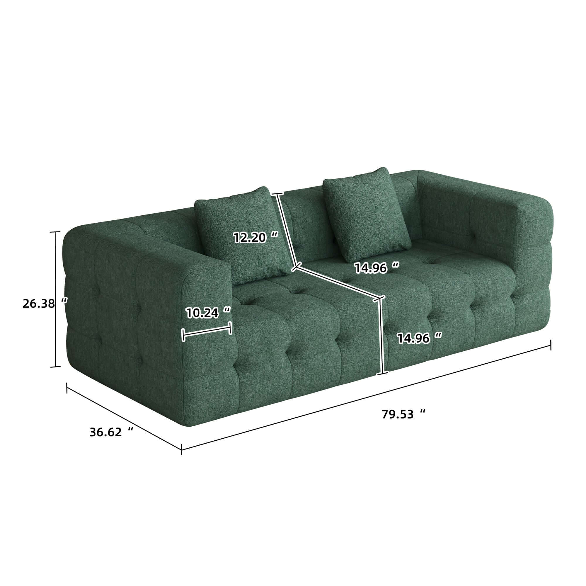 Green love seat sofa upholstered in soft chenille velvet fabric, perfect for modern living rooms