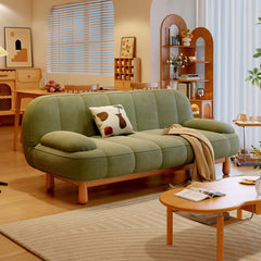 Japandi Loveseat Folding Sofa Bed in Cream White & Green Corduroy Fabric