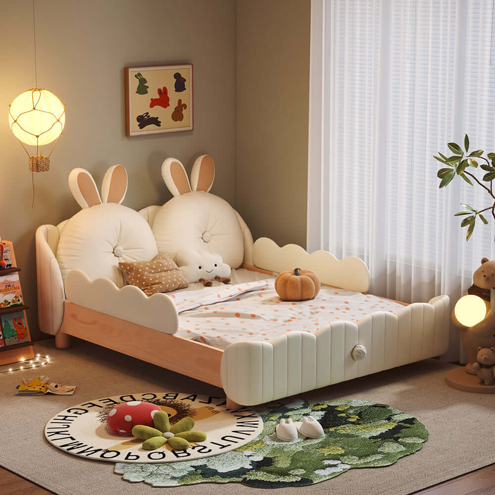 Solid wood kids bed featuring a rabbit cartoon cushion and protective guardrail for safety