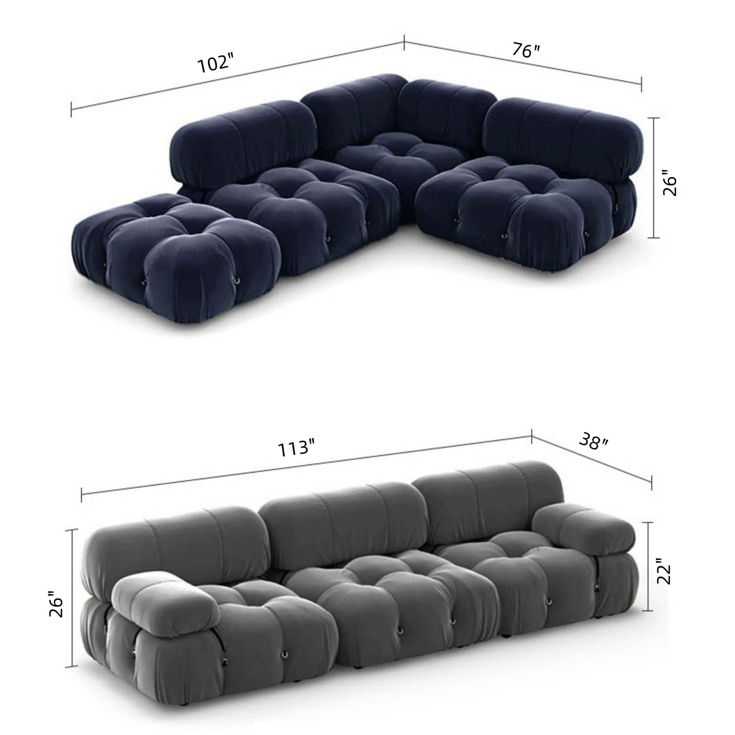 Velvet 3-seater sofa with left or right hand facing chaise, perfect for stylish living rooms