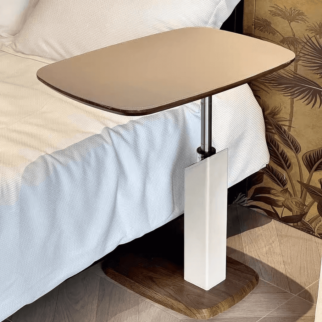 Movable end table in classic beige saddle leather, perfect for cozy living spaces
