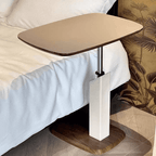 Movable end table in classic beige saddle leather, perfect for cozy living spaces
