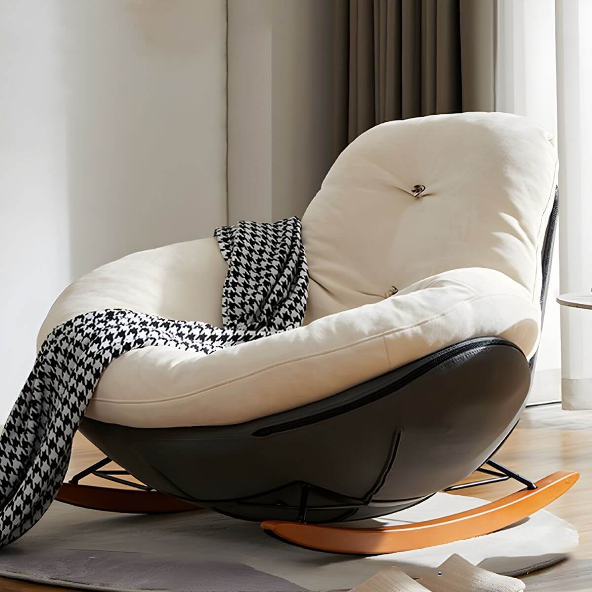 Button-tufted upholstered wooden rocking accent chair with black legs