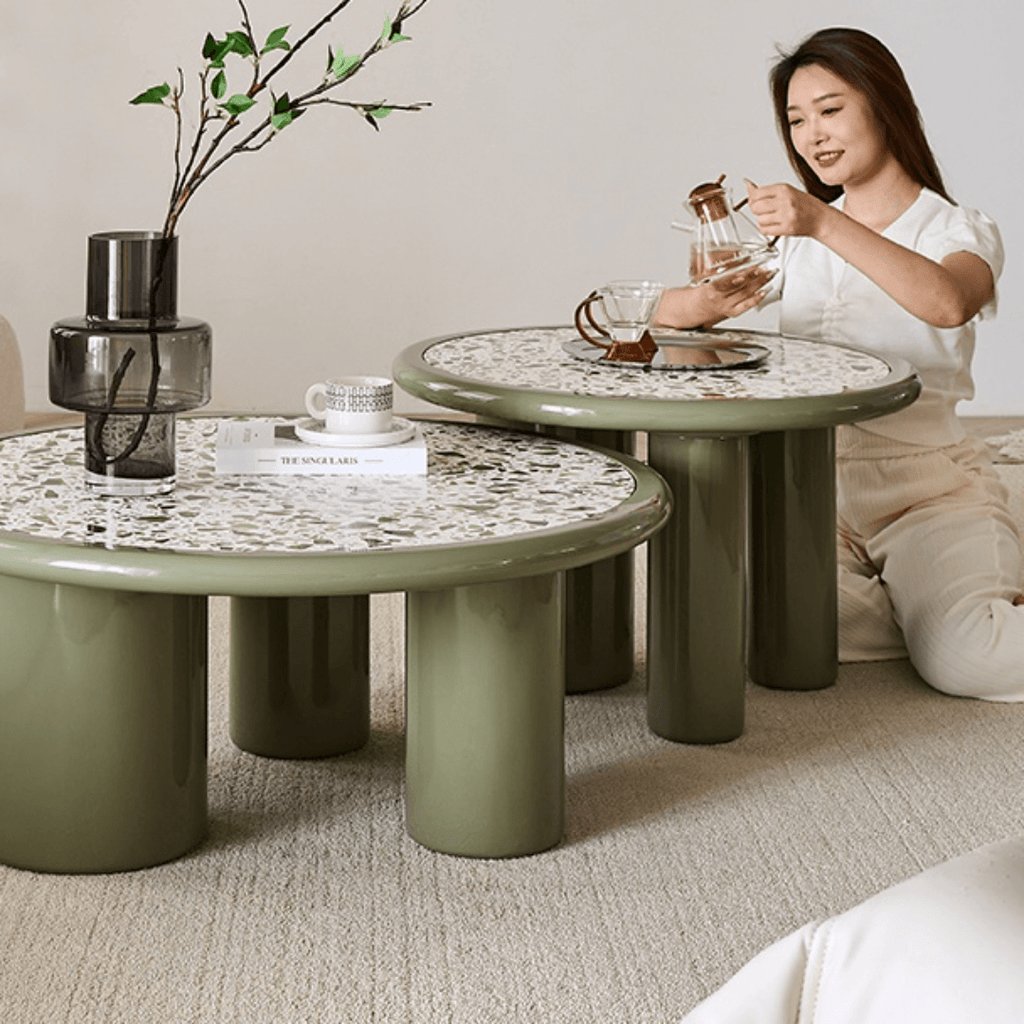 Green terrazzo coffee table set with modern design for stylish living rooms