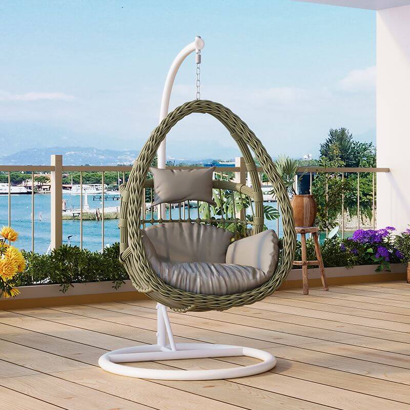 Pink metal 2-seater porch swing with stand, chain, and cushions for outdoor seating