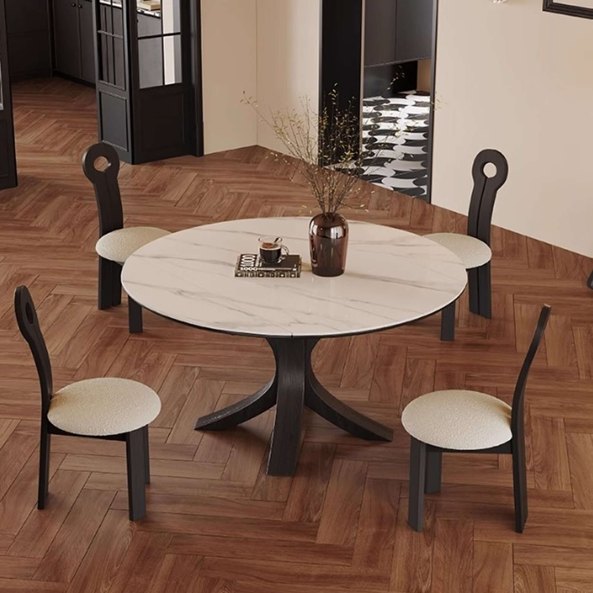 Convertible telescopic dining table with luxury sintered stone and marbling finish, square to round design