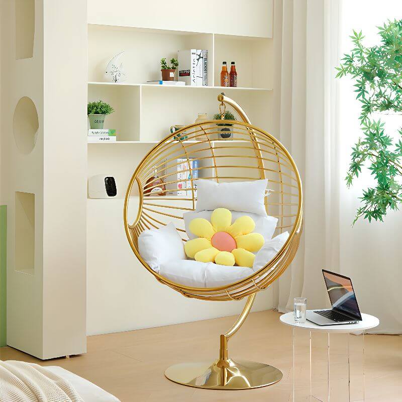 Silver and Aurous stainless alloy porch swing with stand, cushions, and chain for outdoor comfort