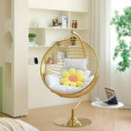 Silver and Aurous stainless alloy porch swing with stand, cushions, and chain for outdoor comfort