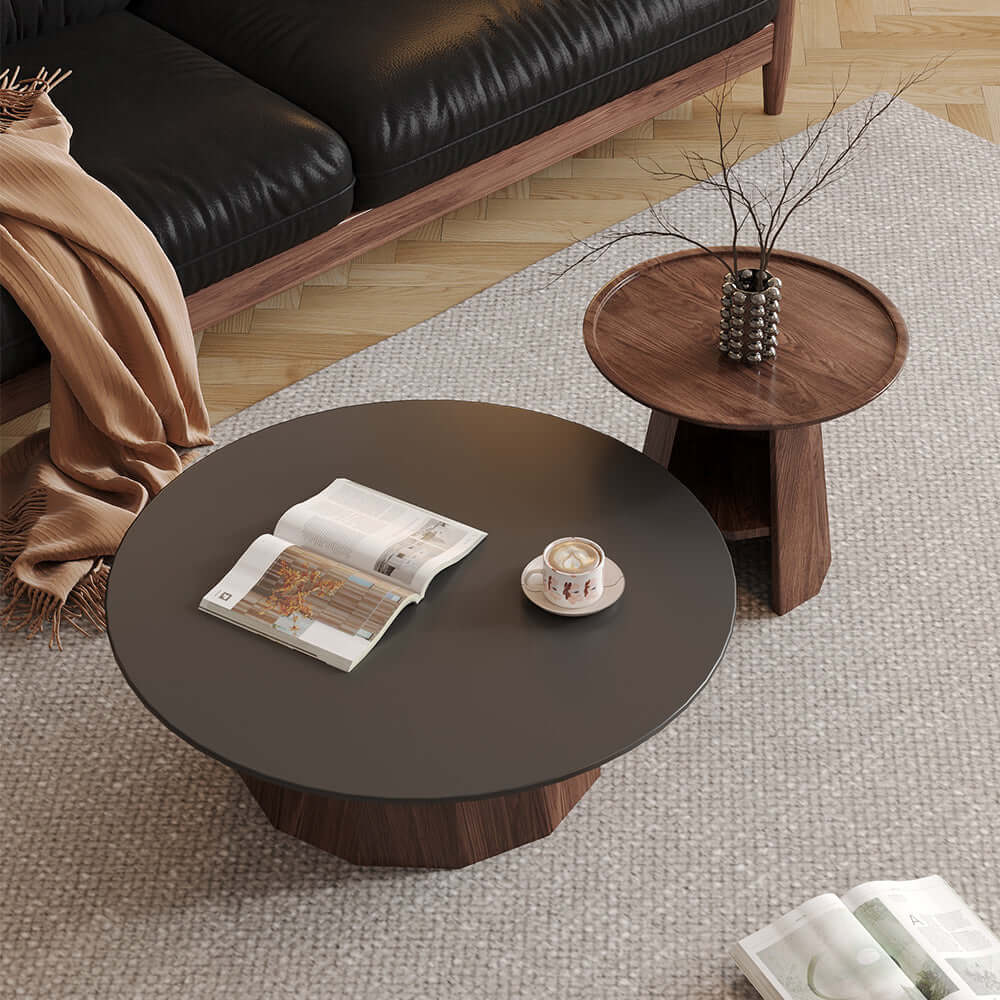 Round high-low coffee table made of solid wood and slate with built-in storage space
