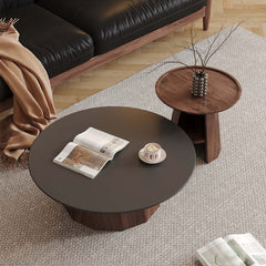 Round High-Low Combo Coffee Table Solid Wood Slate with Storage