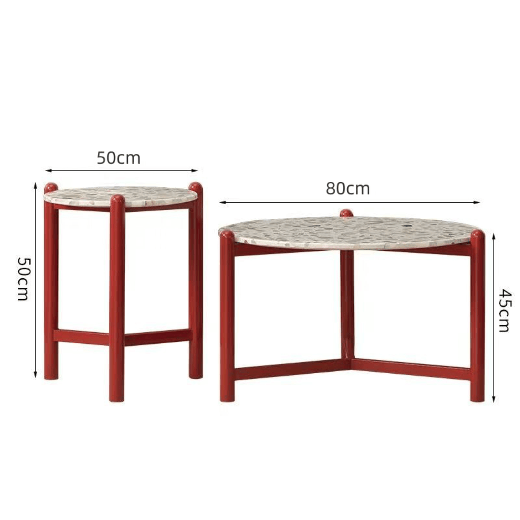 Round side table with vibrant red terrazzo top, featuring a modern minimalist design