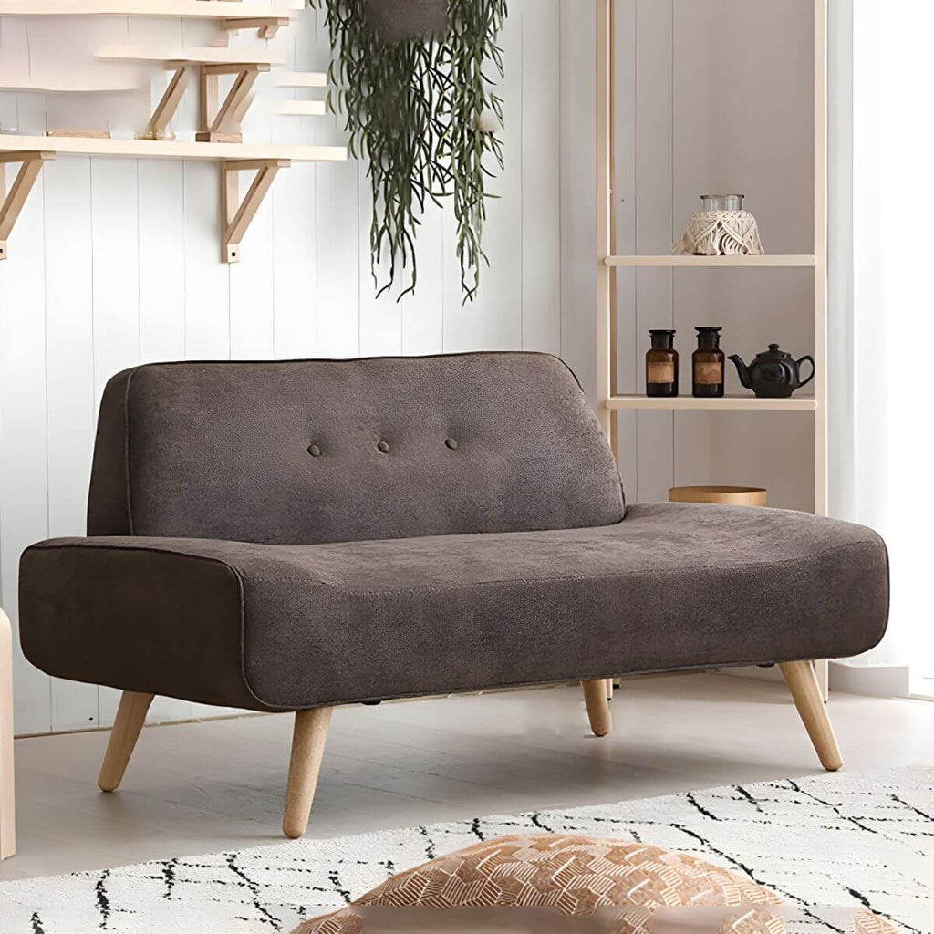 Small Scandinavian style sofa with wood frame and solid color polyester upholstery