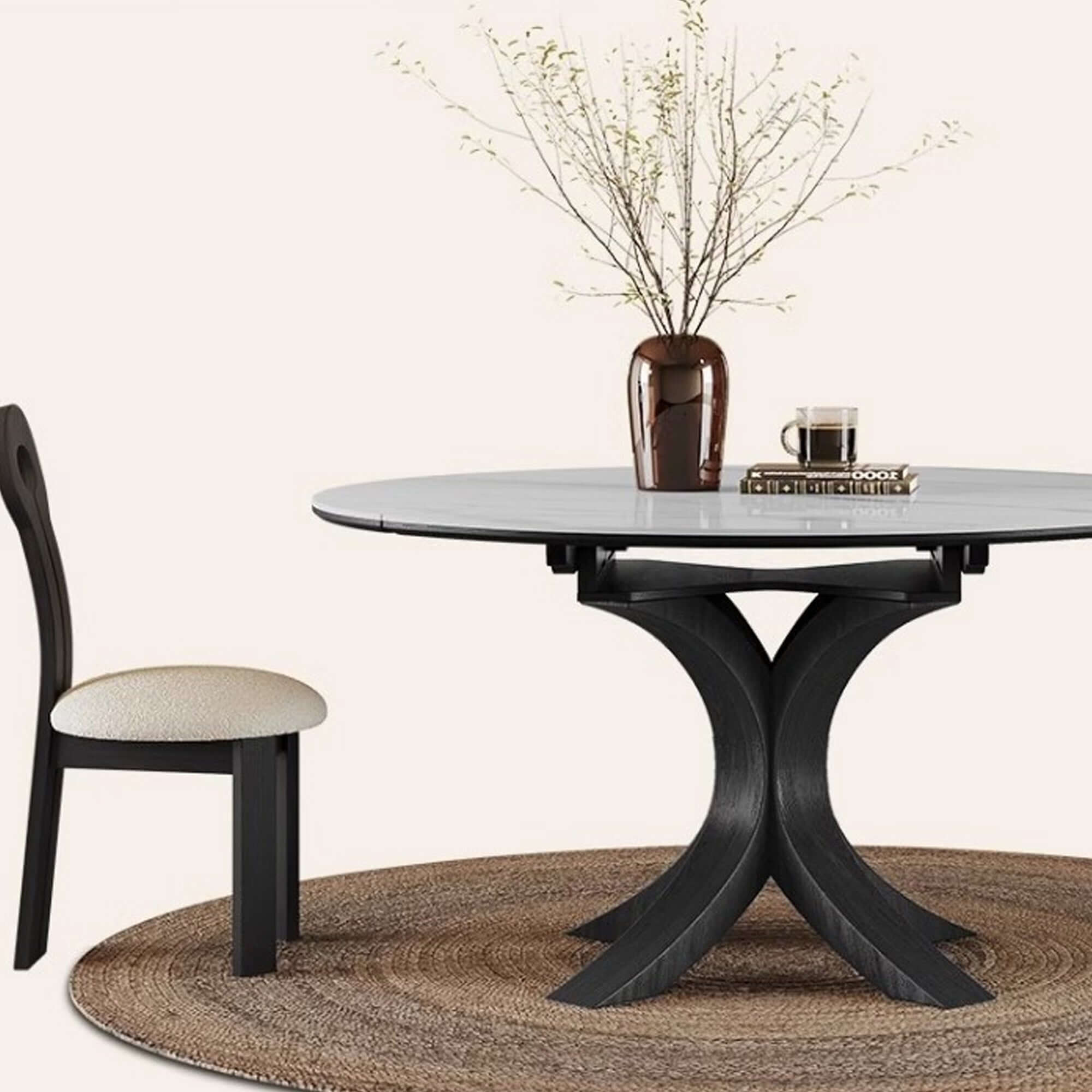 Convertible telescopic dining table with luxury sintered stone and marbling finish, square to round design