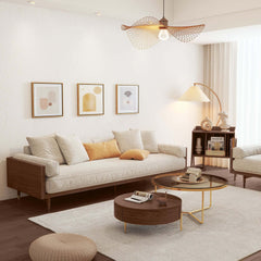Canapé moderne beige 3 places en tissu de lin rembourré avec cadre en bois massif pour le salon