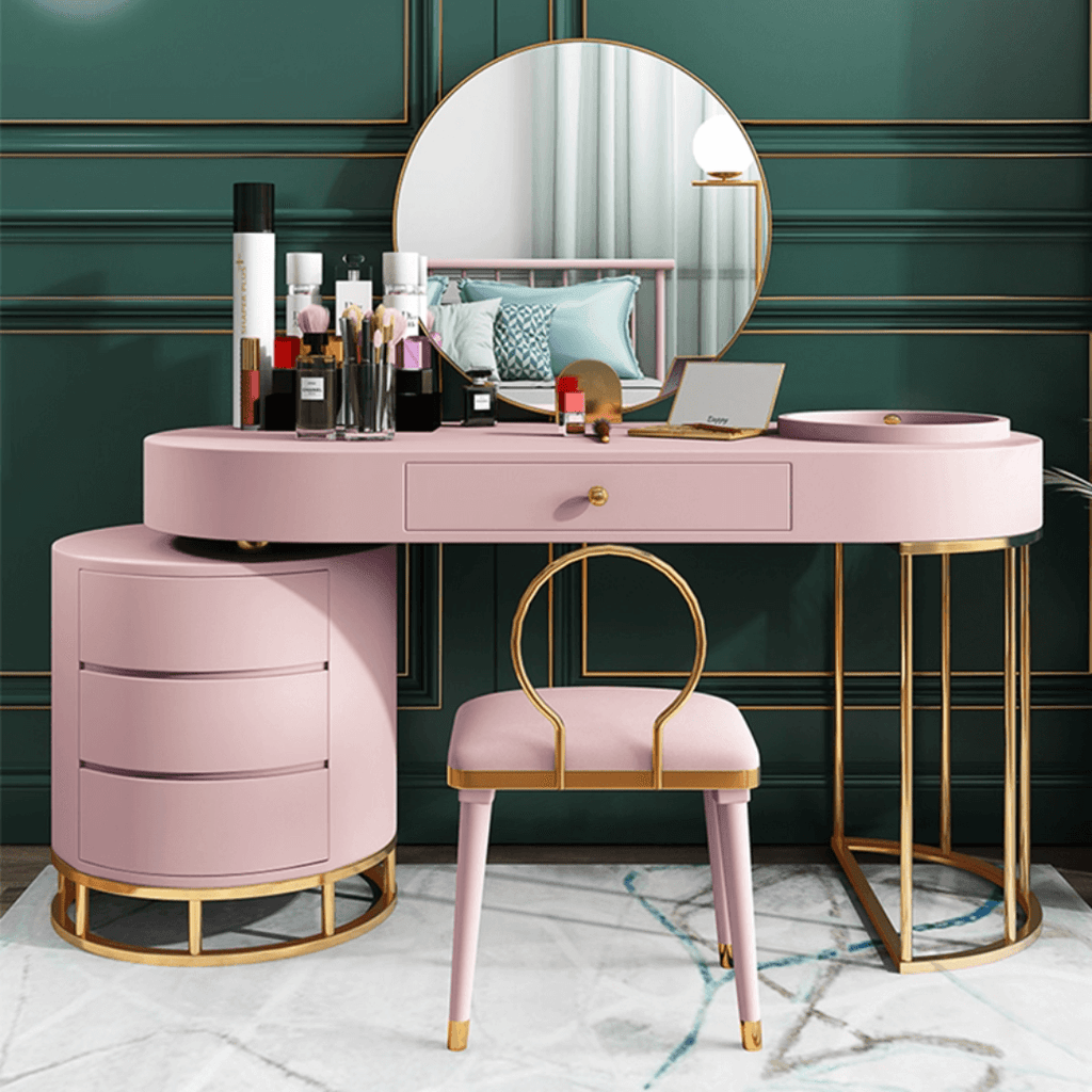 Makeup vanity set with extendable dressing table, side cabinet, mirror, and chair in white, pink, green, and blue