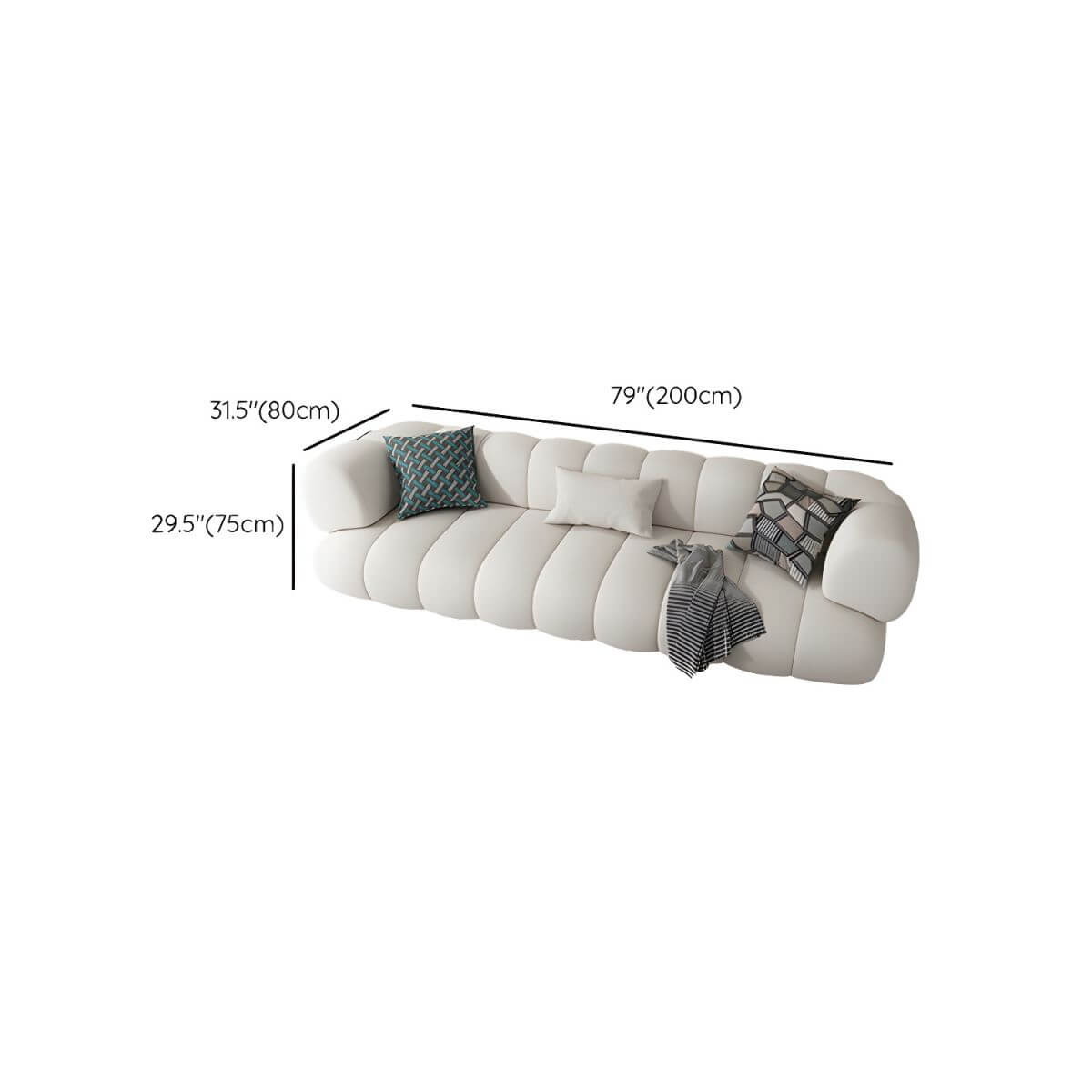 White Scandinavian fabric sofa with biscuit back and tuxedo arms