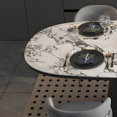 Modern Oval Black and White Marble Kitchen & Dining Table with Wood Base Dining Tables