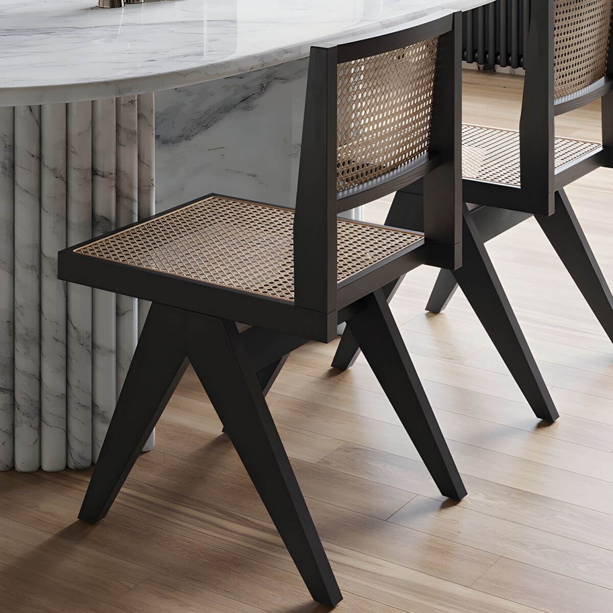 Modern oval marble dining table with white double pedestal base for stylish dining rooms