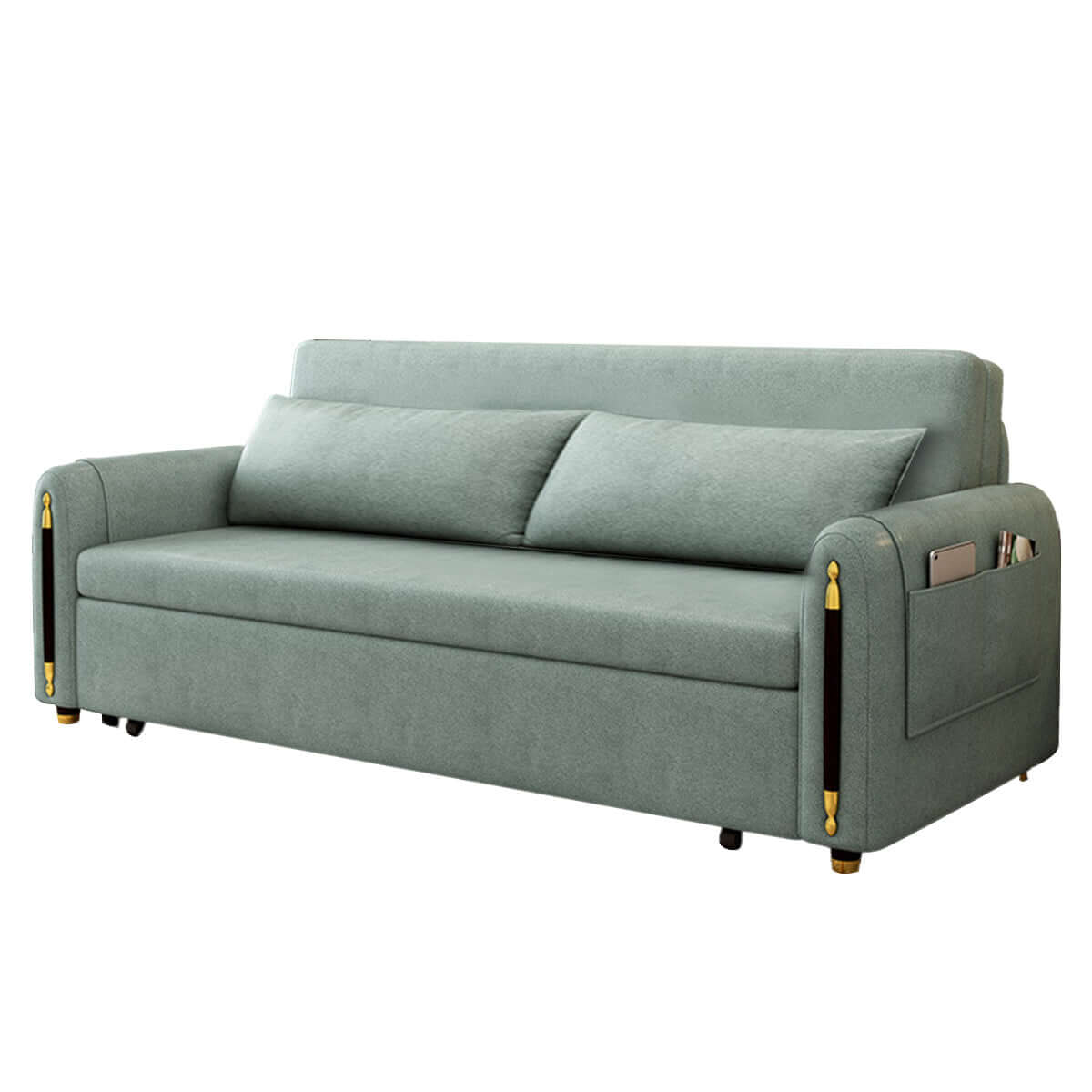 Green convertible sofa bed with comfortable cushion seat and built-in storage pocket