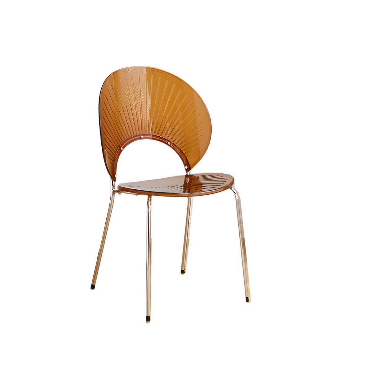 Stackable acrylic dining chair with open back and metal legs, armless design for modern dining rooms