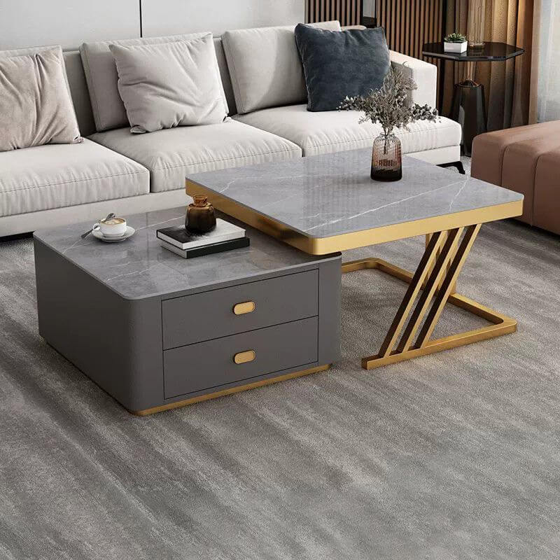 Modern square steel frame nesting coffee tables set with two pieces, including a small table