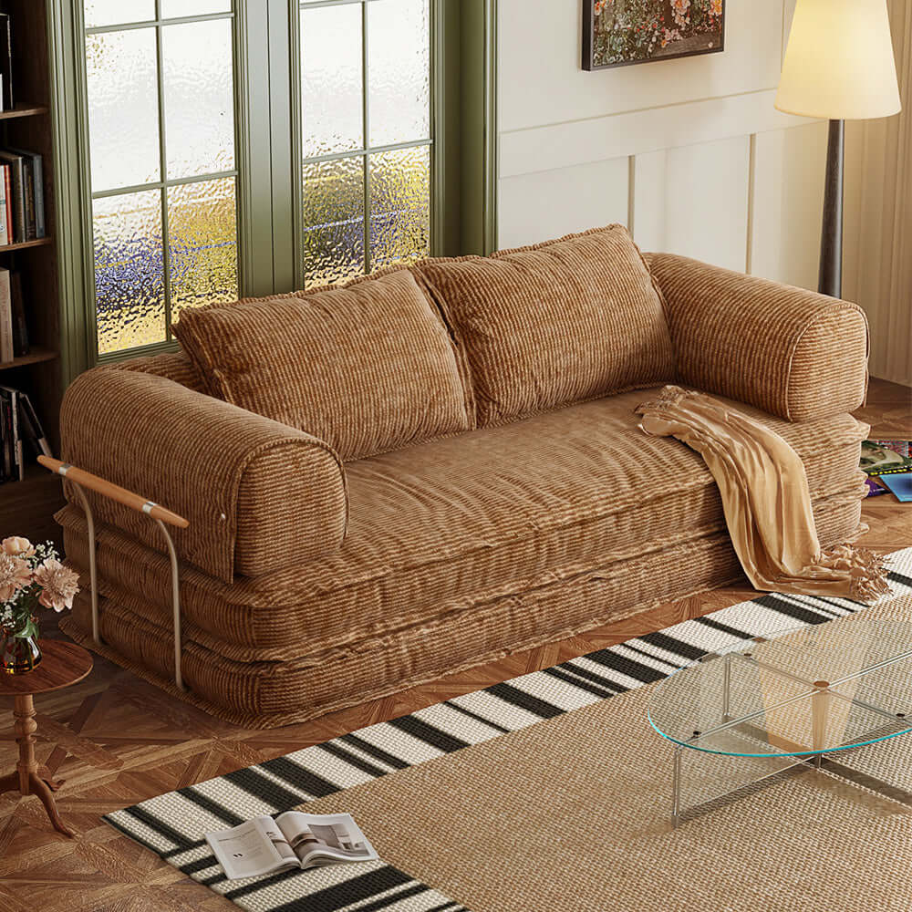Modular foldable futon sofa bed with corduroy fabric, configurable as floor couch or sleeper